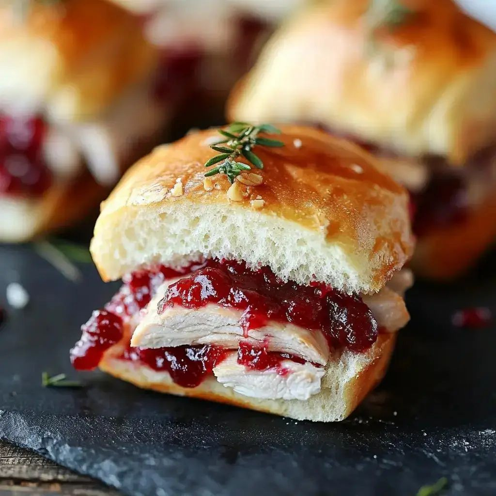 A zoomed-in shot of a sandwich stuffed with cranberry sauce and sliced chicken, finished with a fresh rosemary sprig on a slate platter.