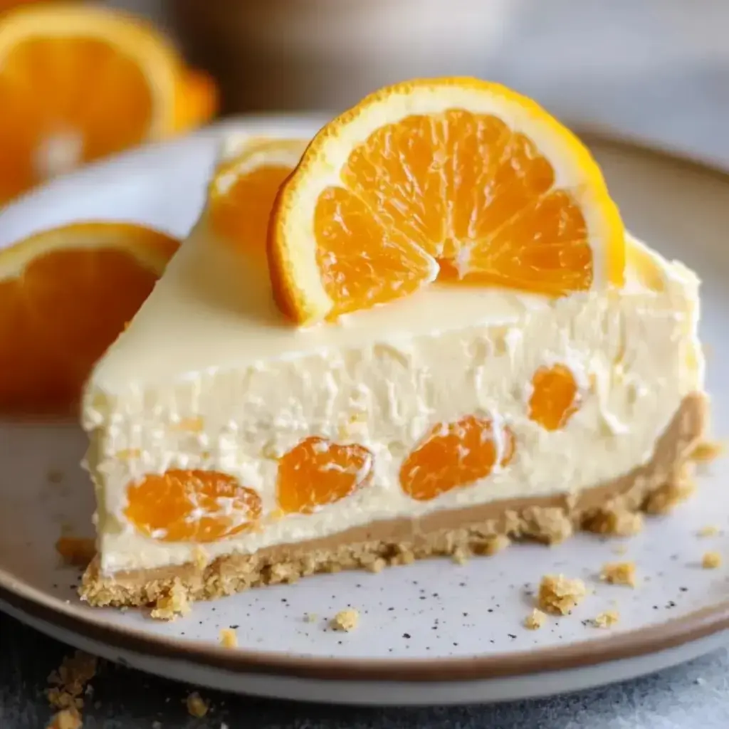 One slice of soft orange cheesecake sits on a plate, topped with fresh mandarin pieces and showing orange bits all through the middle.