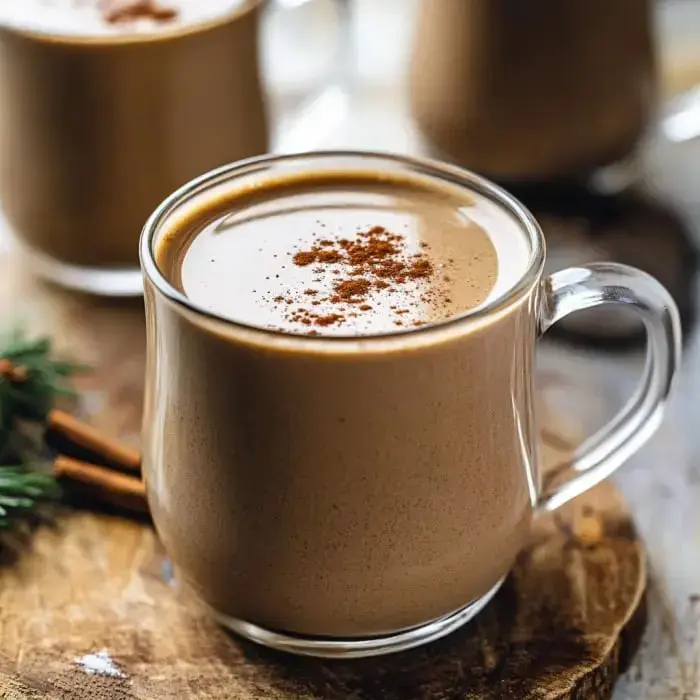 Creamy chocolate drink fills a clear mug, dusted with cinnamon, set on wood with sticks of cinnamon and greenery nearby.