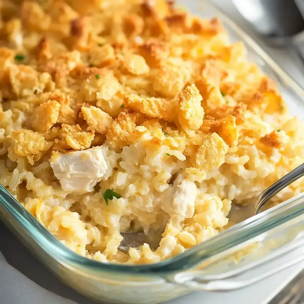 A casserole dish showing off creamy chicken and rice under a golden, crackly cracker topping.
