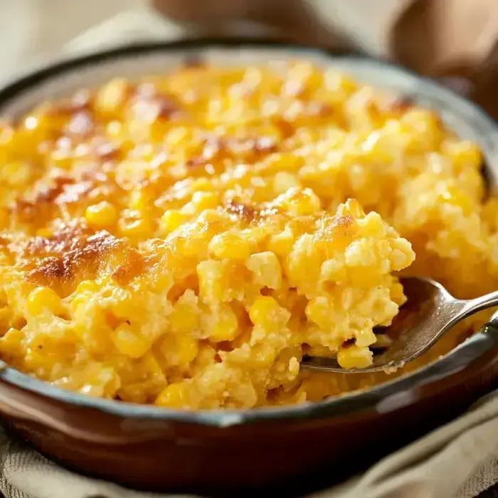 A spoonful of golden-topped corn bake in a serving dish, the filling creamy and rich.