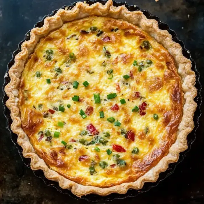 Golden-baked quiche packed with eggs, ham, cheese, and green onion on a fluted crust.