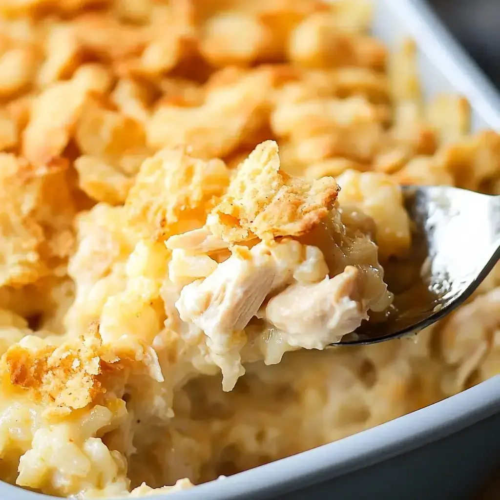 A scoop of cheesy, creamy chicken and pasta bake with a crispy golden crust on top.