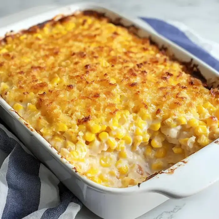 Corn casserole fresh from the oven, golden with crisp topping and layers of sweet corn inside.