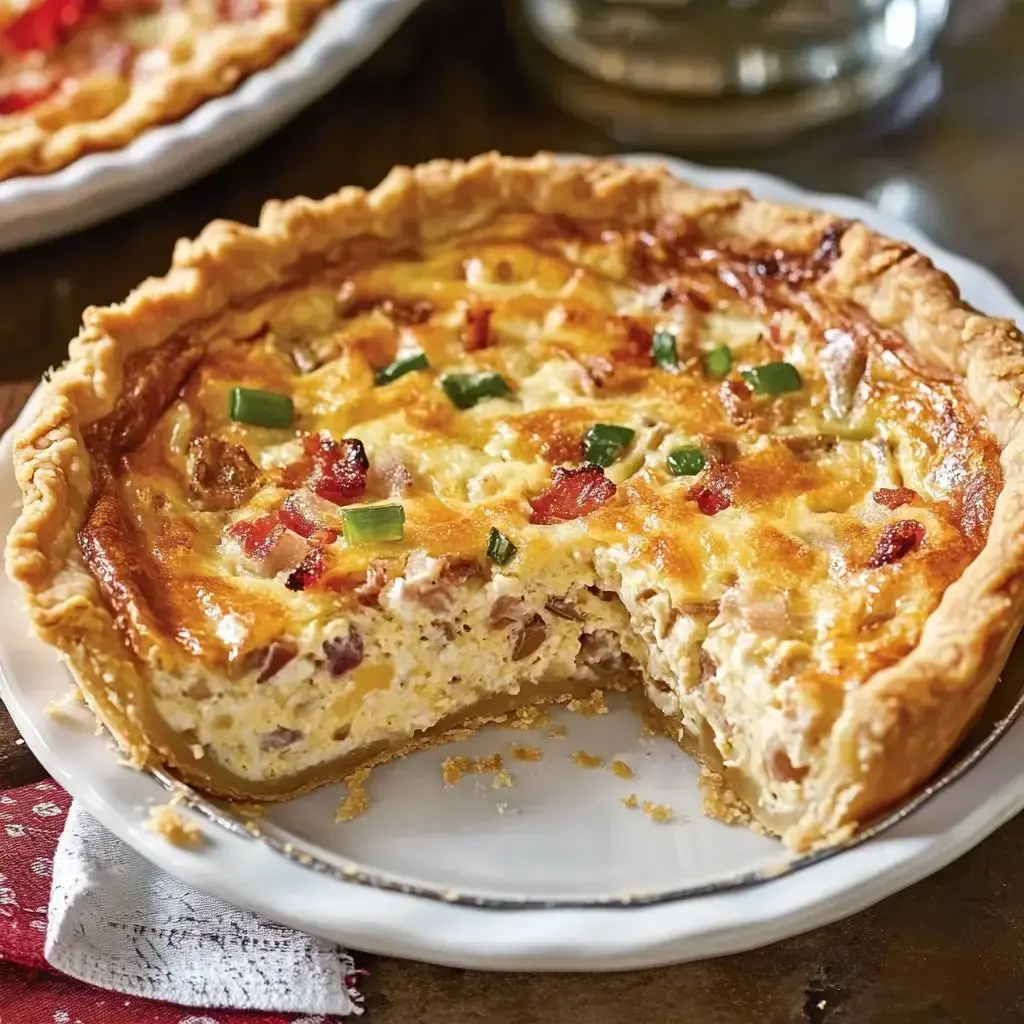 Big slice missing from a golden quiche filled with ham, cheese, eggs, and sprinkled with green onions on top.