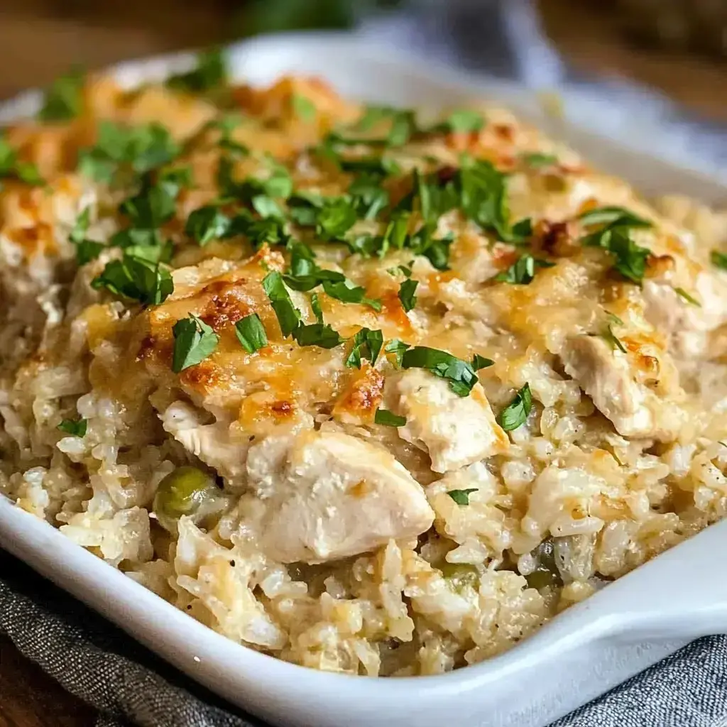 A rich chicken and rice casserole topped with chopped parsley in a white pan.