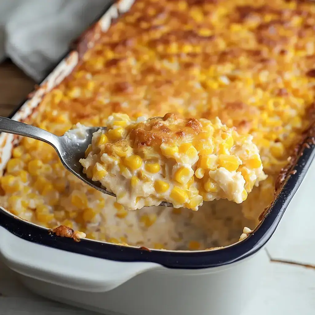 A big scoop of cheesy, creamy corn casserole being served up, showing all those sweet kernels and melty cheese.