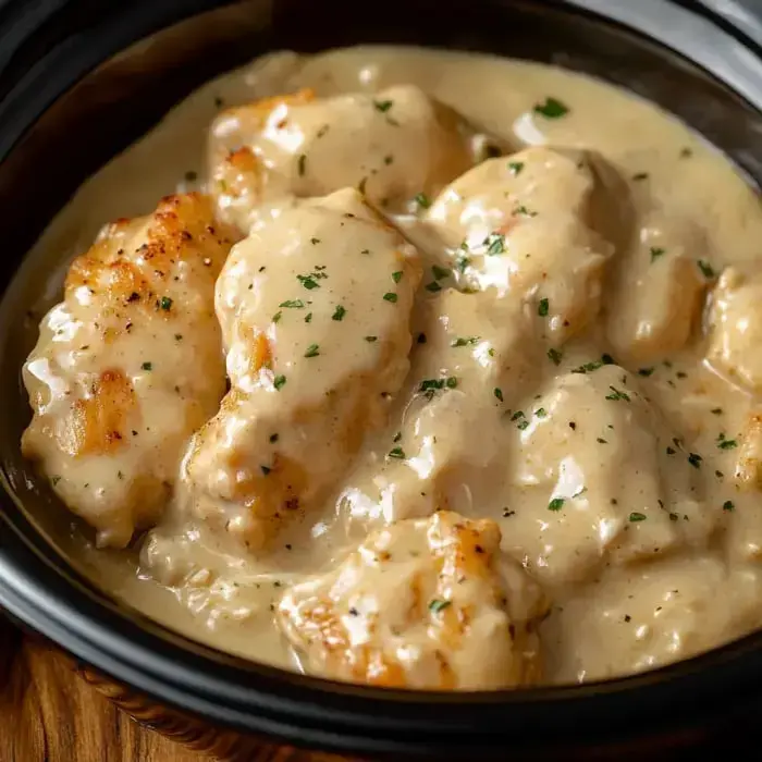 Close up of juicy chicken bits in a creamy ranch-style sauce, sprinkled with fresh herbs, in a black bowl.