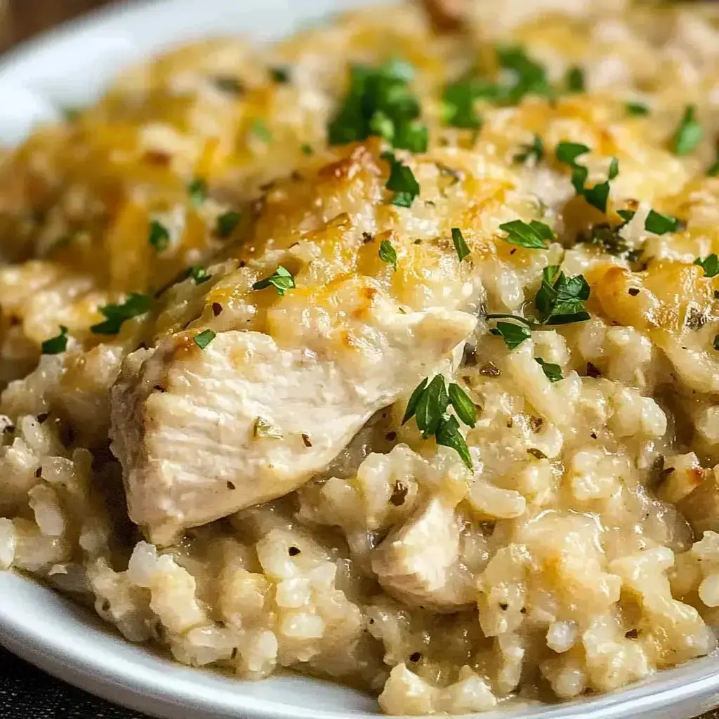 A bowl of creamy chicken and rice topped with chopped parsley sitting on a plate.