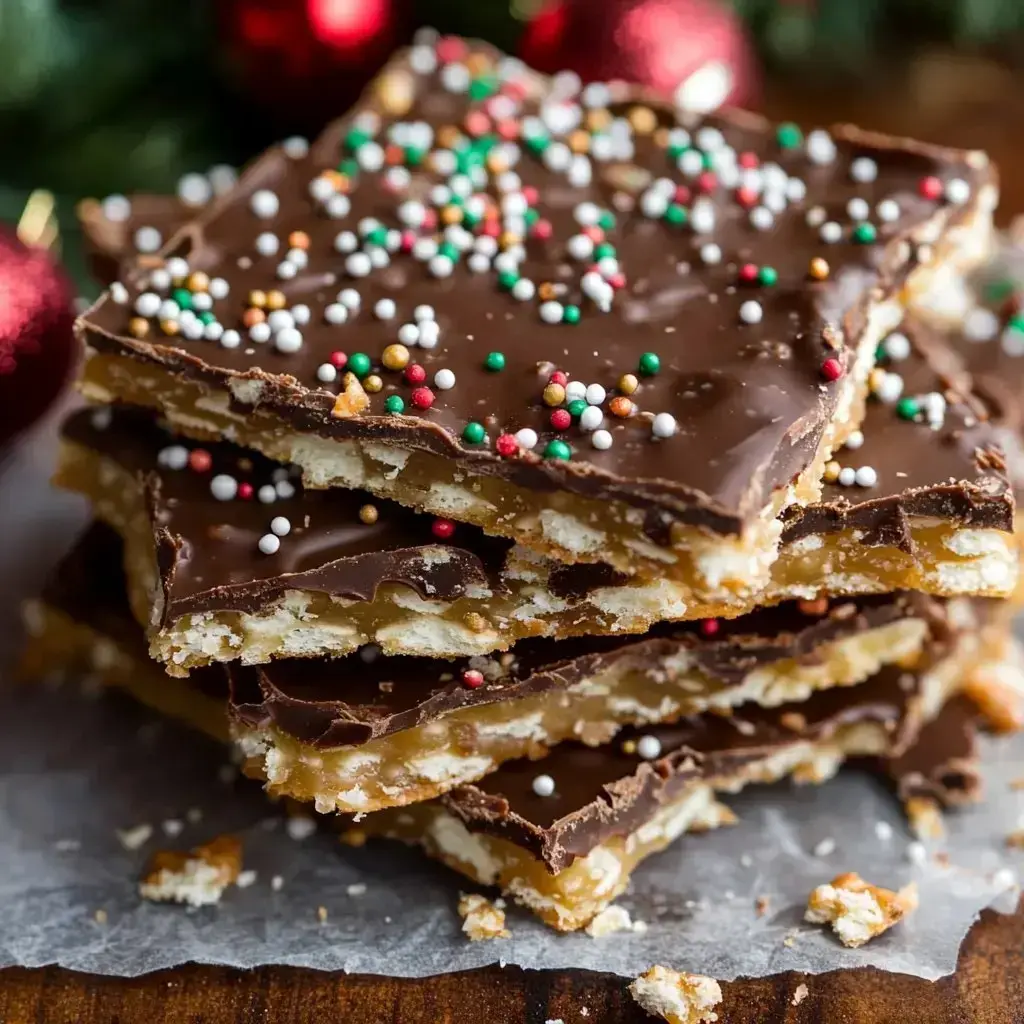 Chocolate-covered bars stacked up, bright sprinkles on top, with a cozy festive backdrop.