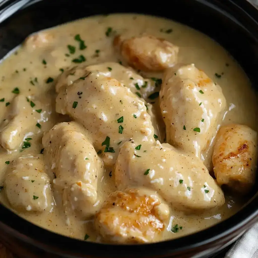 A bowl loaded with soft dumplings in a velvety sauce, finished with a sprinkle of fresh parsley.
