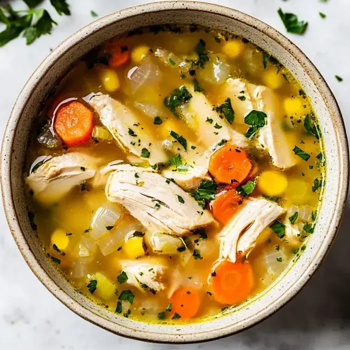 A bowl filled with shredded poultry, carrots, herbs, and corn in a clear tasty broth.