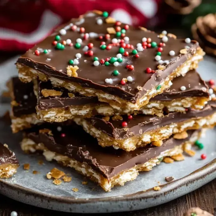 Chocolatey dessert bars piled with cheery holiday sprinkles on a gray plate.