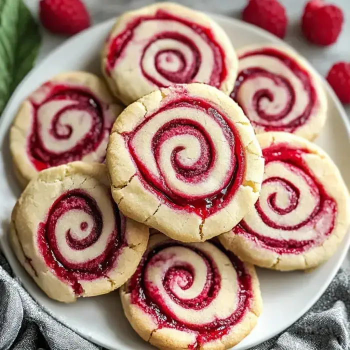 A plate with cookies that have a raspberry swirl, surrounded by fresh raspberries.