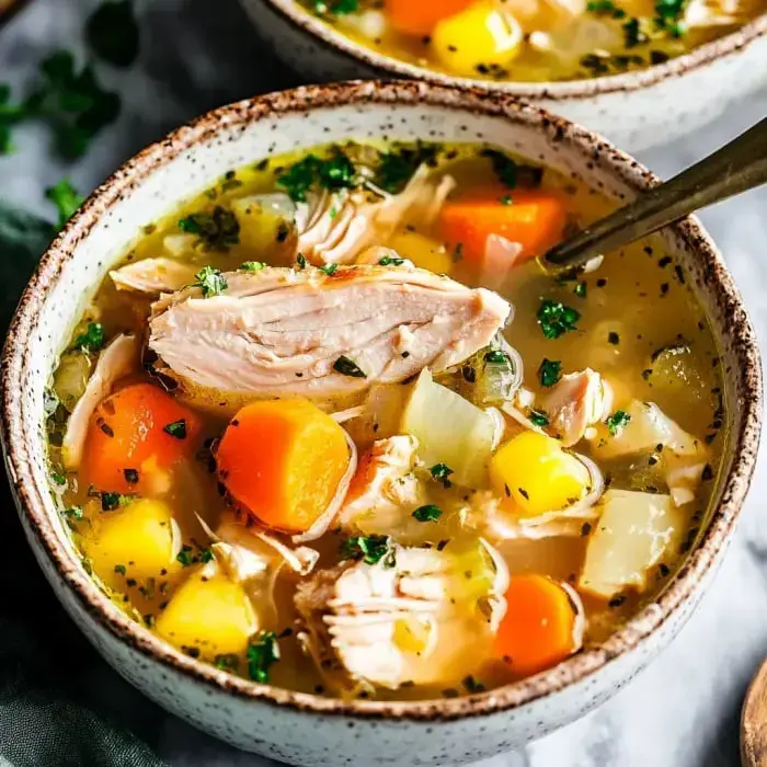 A bowl packed with hearty veggies, potatoes, and chicken, finished with fresh green herbs.