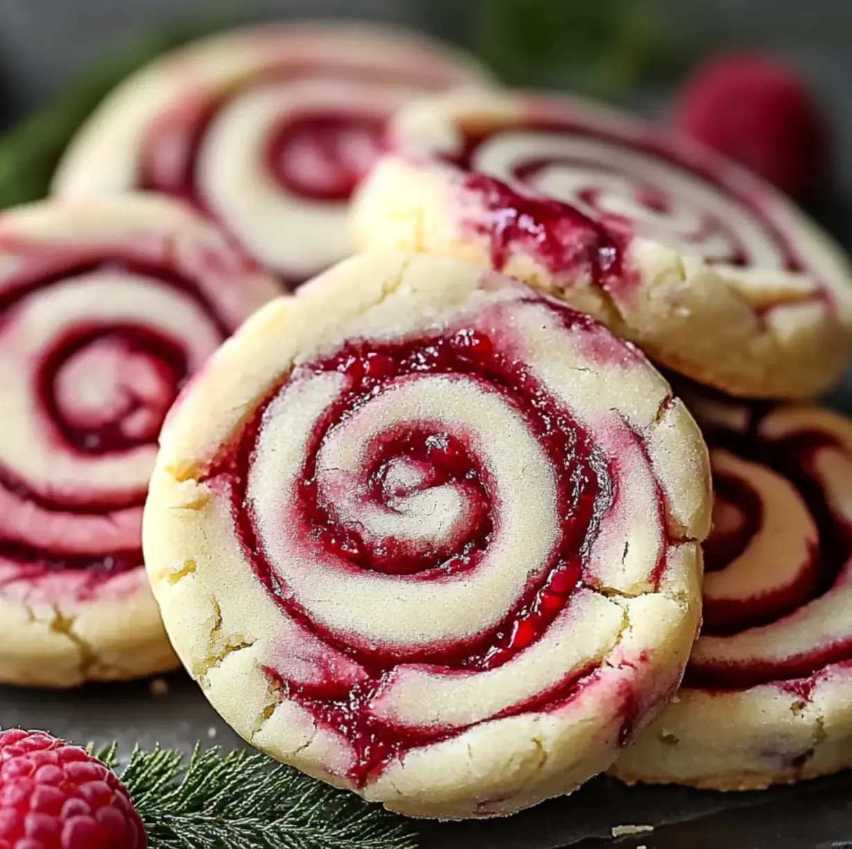 Close-up shot of cookies with raspberry swirl, fresh berries, and some greens around.