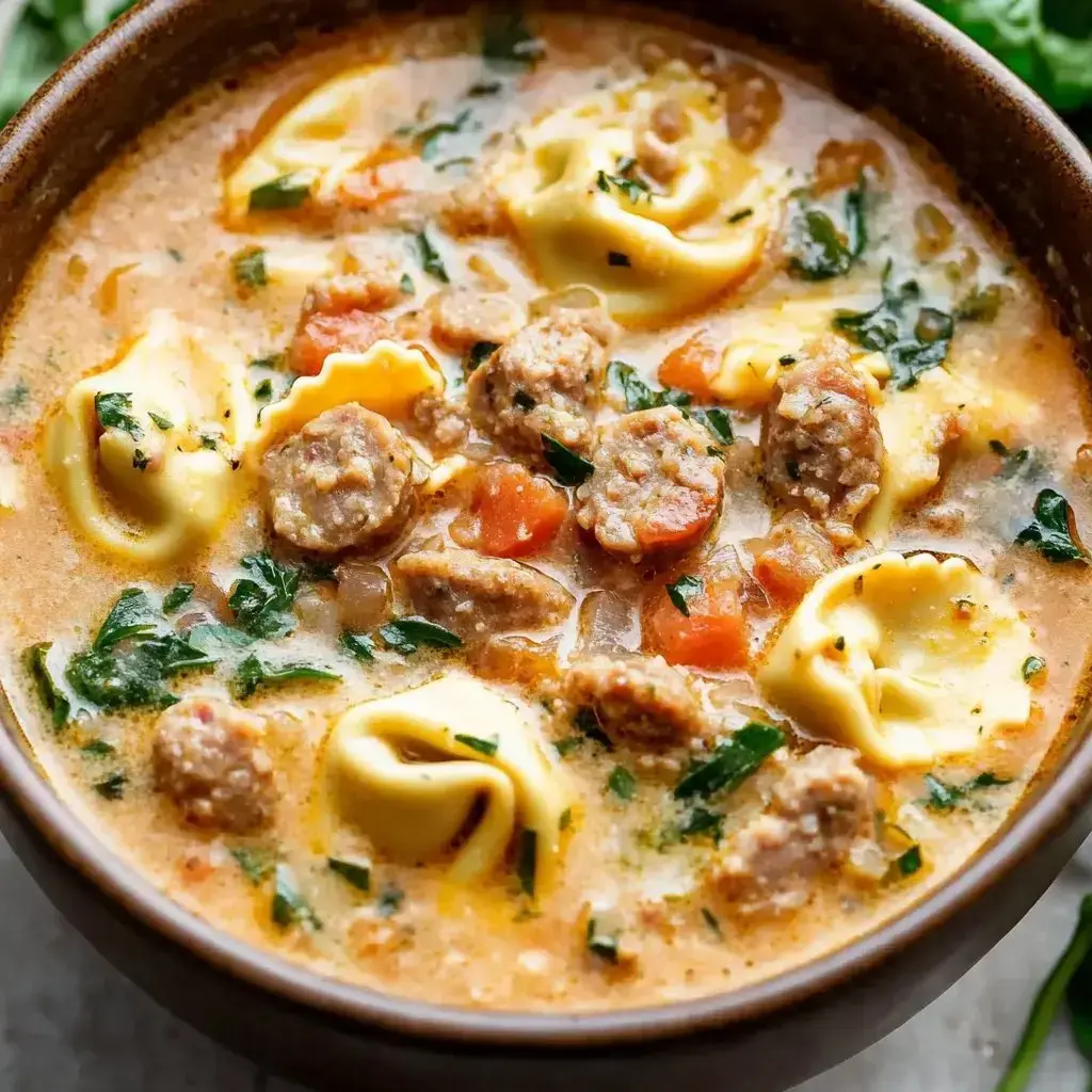 A hearty bowl packed with creamy broth, sausage, spinach, tortellini, and fresh veggies.
