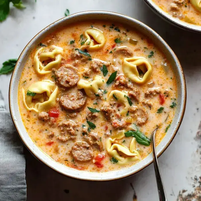 Creamy tortellini soup filled with sausage, fresh greens, and herbs in a cozy bowl.