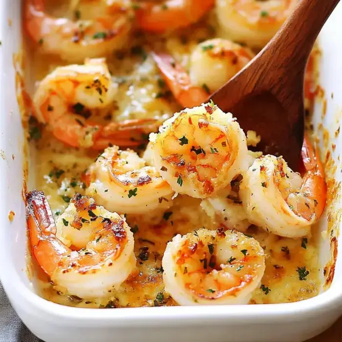 A white baking dish filled with golden shrimp and fresh herbs, a wooden spoon scooping out a serving.