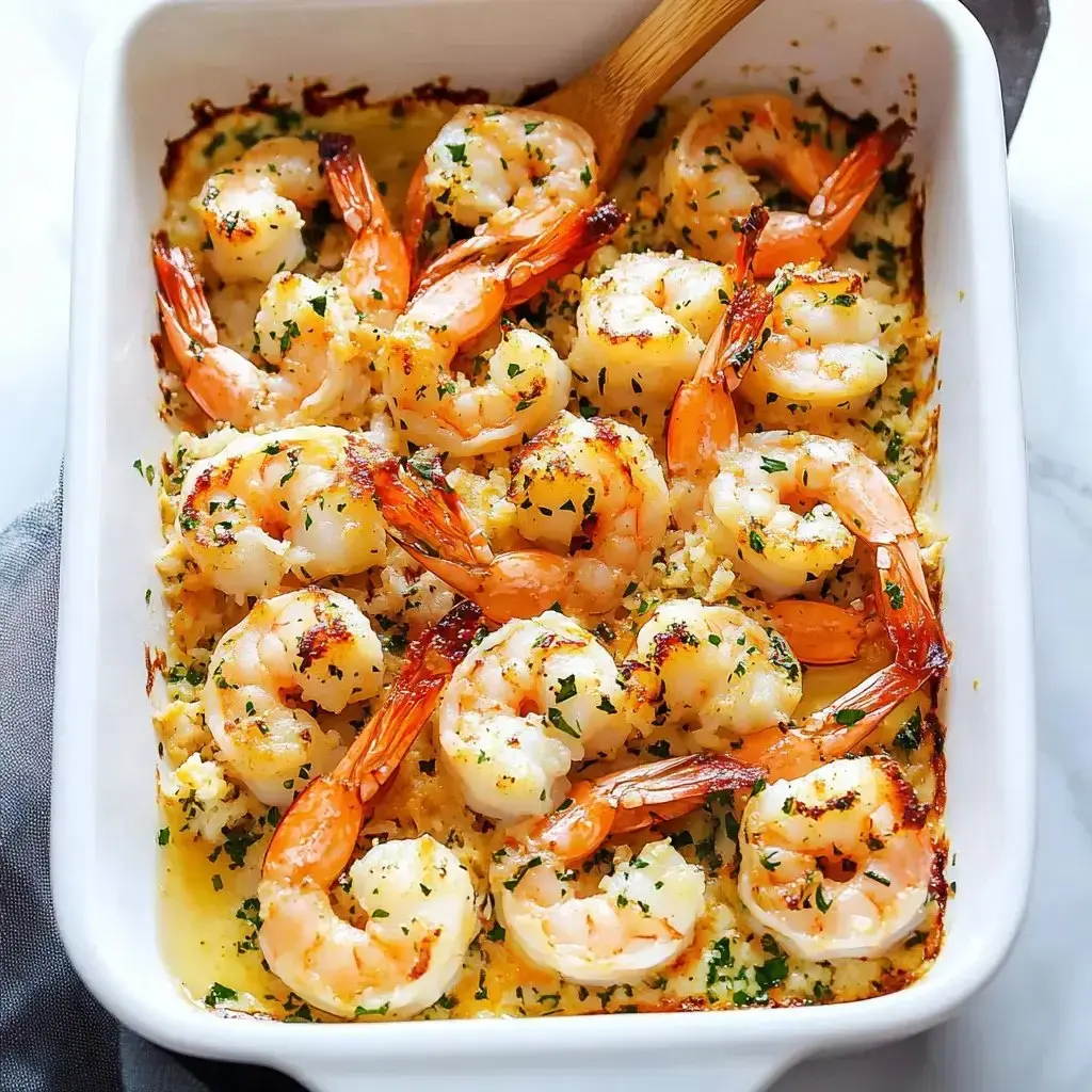 Large shrimp in a creamy sauce with herbs, served up in a white dish for sharing.