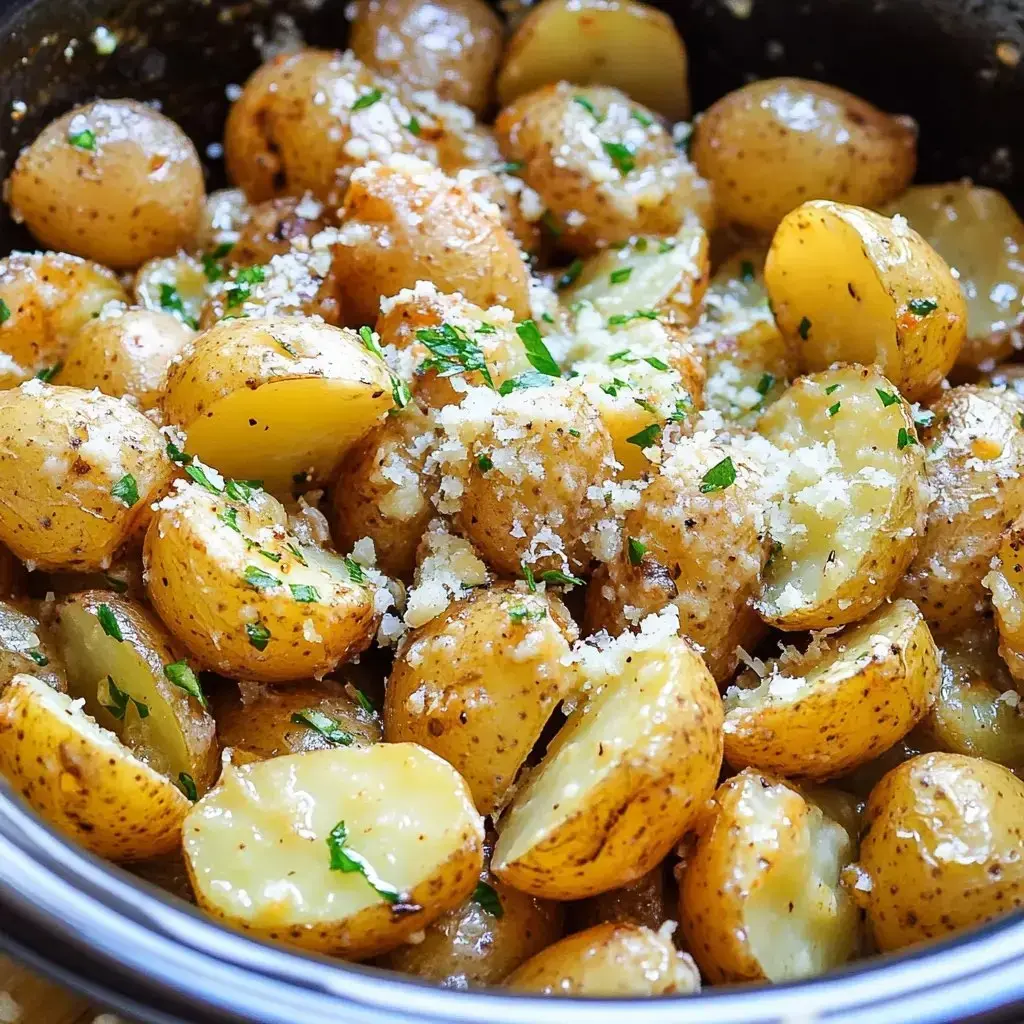 Golden roasted baby potatoes, whole and halved, covered in grated Parmesan and scattered herbs.