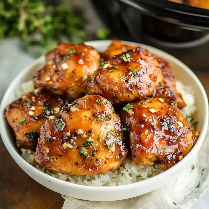 Glazed chicken thighs laid on rice, sprinkled with fresh herbs and served in a bowl.