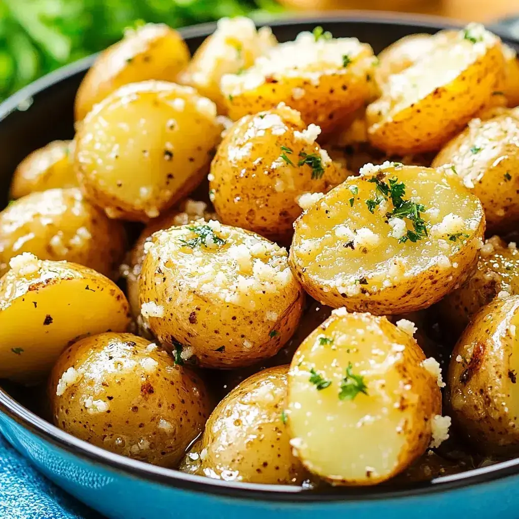 Bowl of boiled baby potatoes split and topped with cheese and herbs on a deep blue plate.