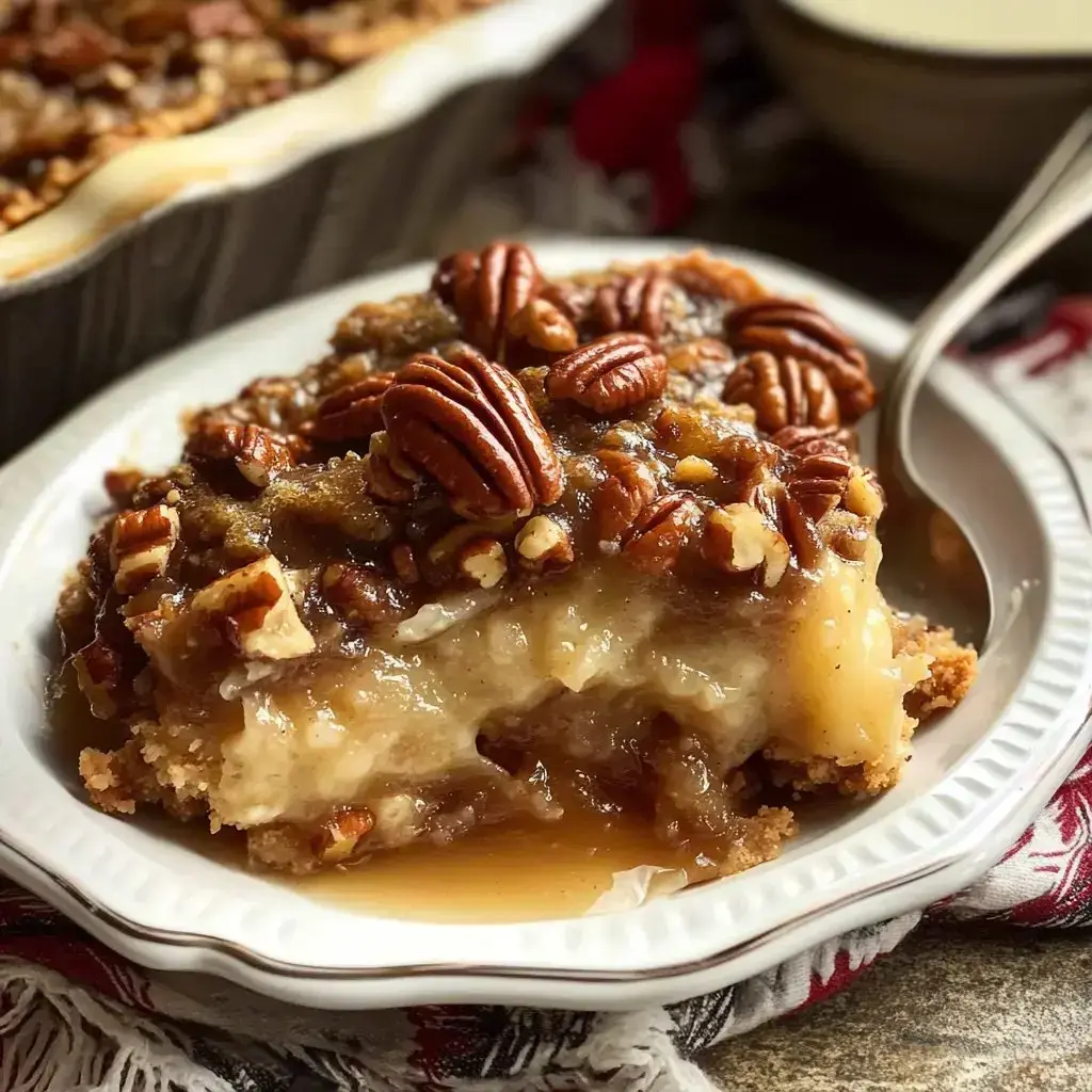 A gooey layered dessert full of pecans sits on a plate, showing off its golden, flaky crust.