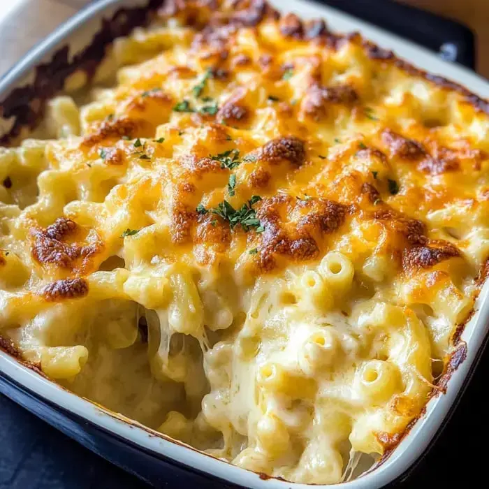 Mac and cheese baked to perfection topped with melted cheese and fresh herbs.