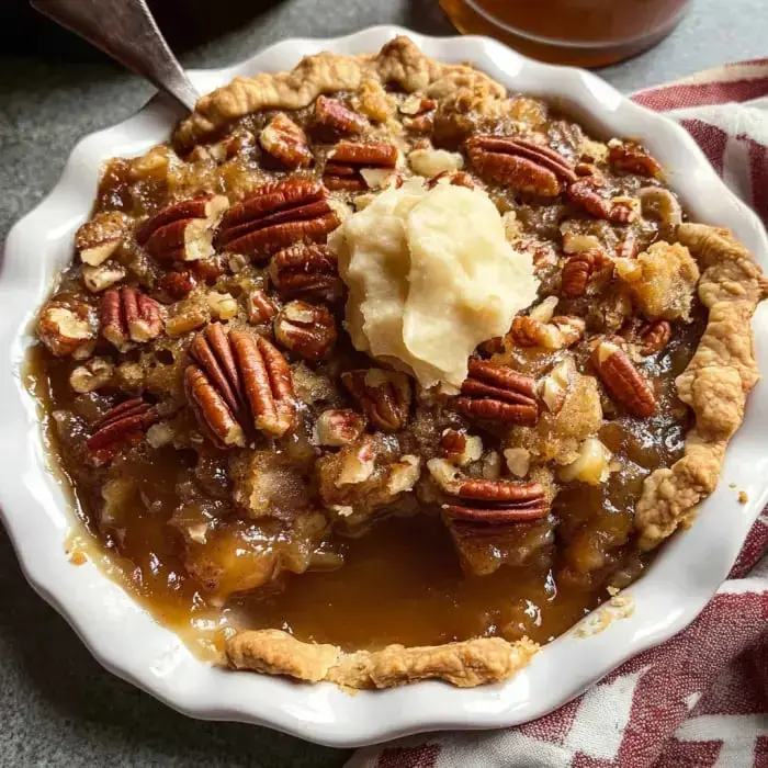 One slice of pecan pie cobbler with a dollop of whipped cream sits in a white dish, crusty on top and gooey underneath.