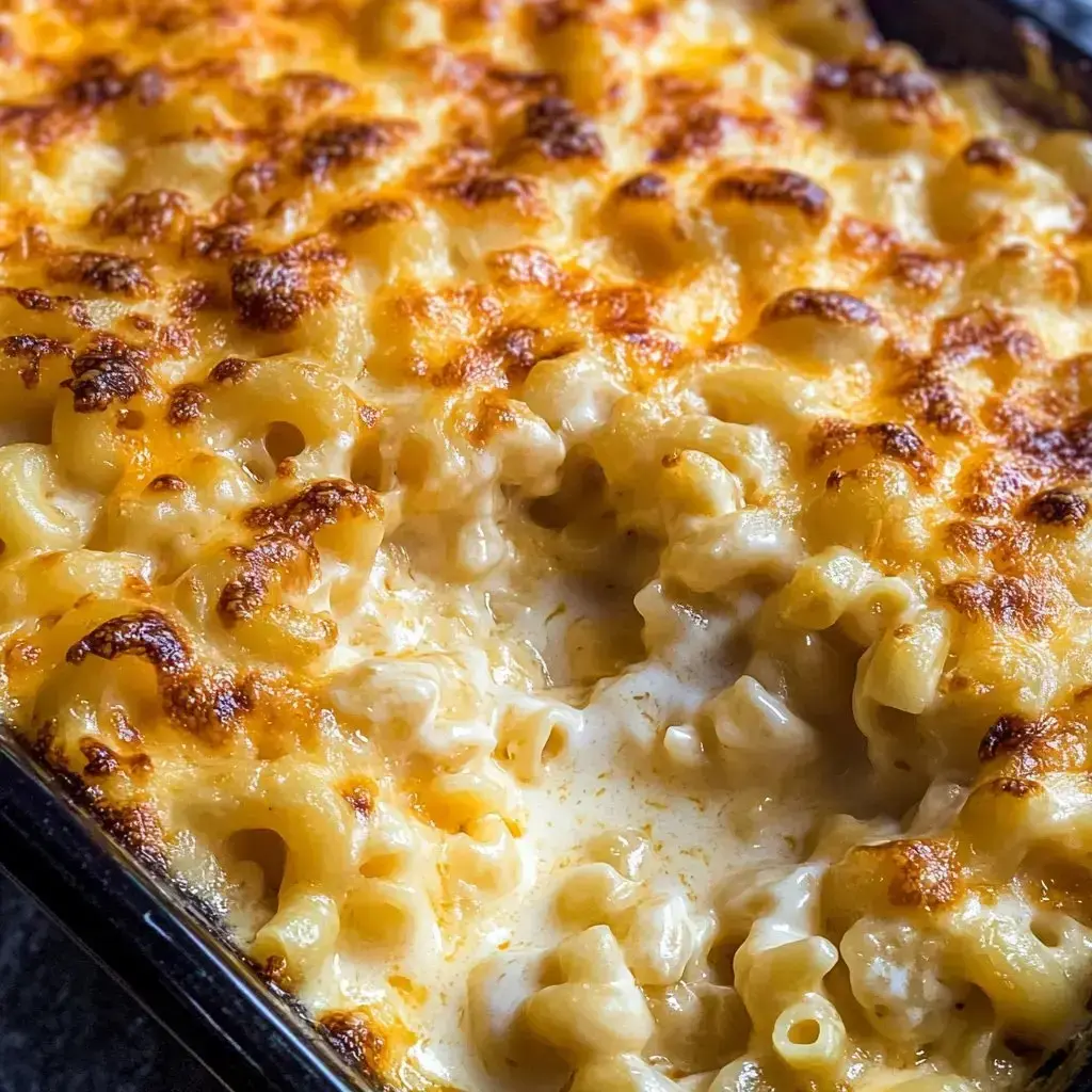 Close shot of creamy, oven-baked mac and cheese with a crunchy golden crust on top.
