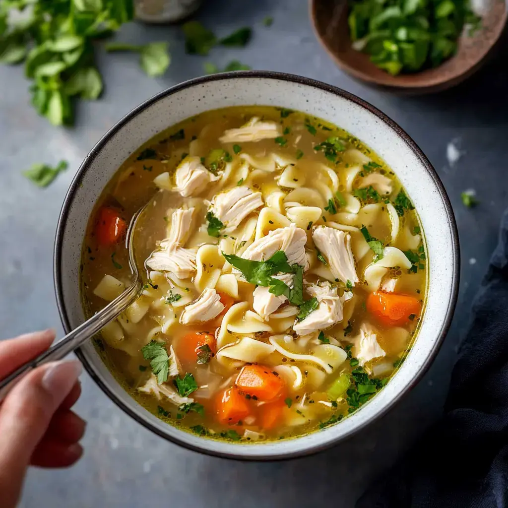 Chicken noodle soup in a bowl with carrots, fresh greens, and a spoon nearby, all topped with cilantro.