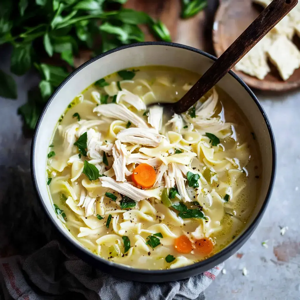 Chicken noodle soup topped with parsley alongside shredded chicken, noodles, and bright carrot slices in a bowl, plus a wooden spoon.