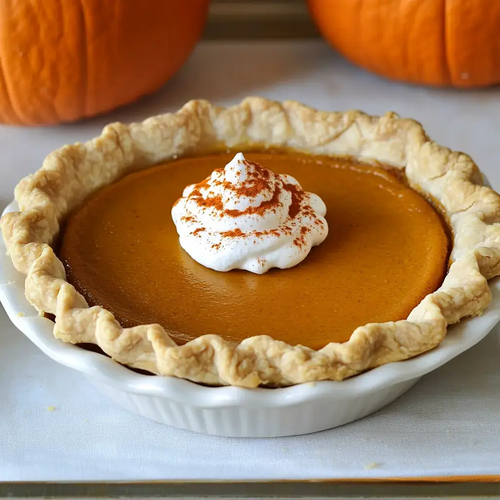Pumpkin pie with a dollop of whipped cream and cinnamon, pumpkin decorations in back.