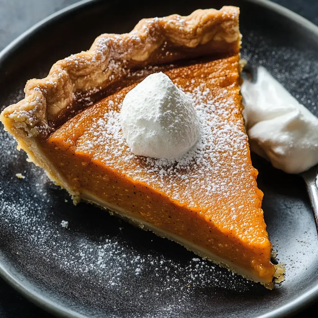 Thick slice of pumpkin pie with whipped cream, dusted with powdered sugar on a black plate.