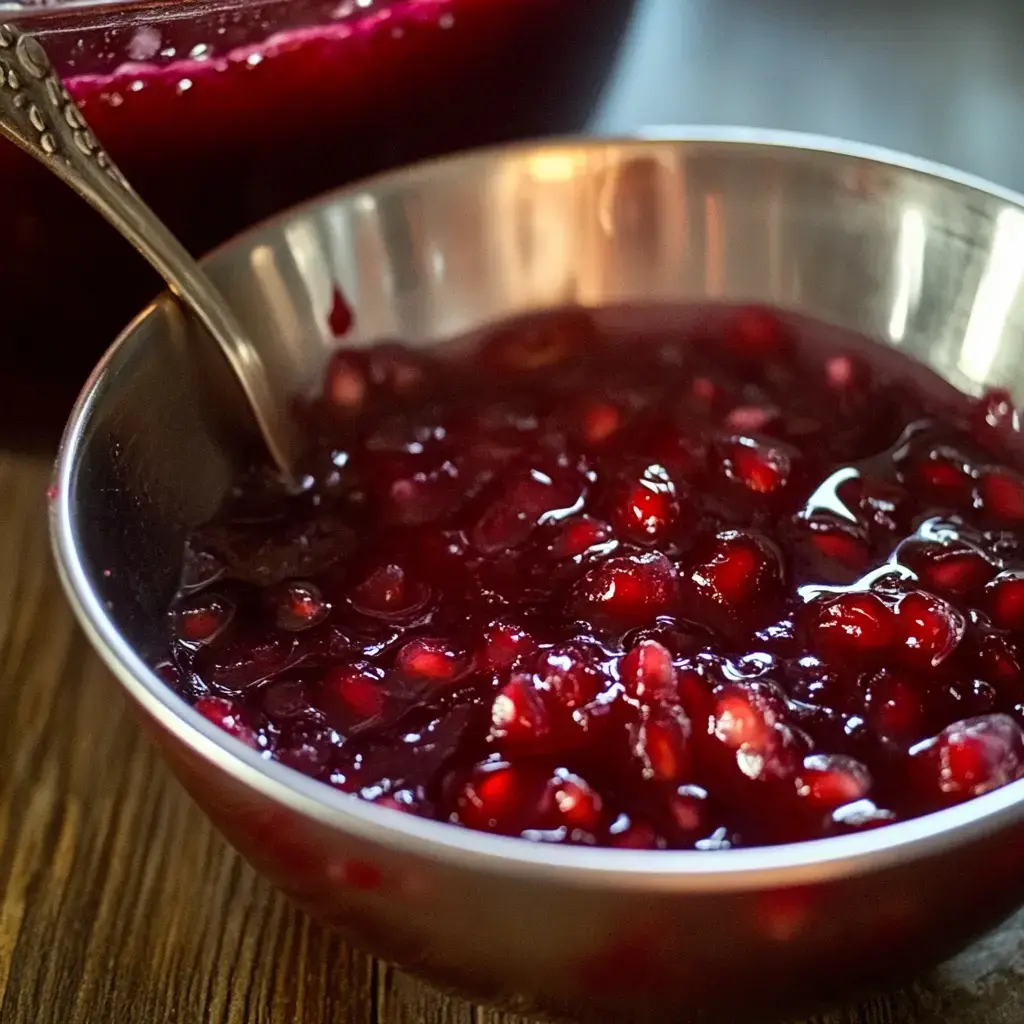 Shiny pomegranate jelly in a metal bowl, topped with pomegranate seeds and sitting on a wood table.