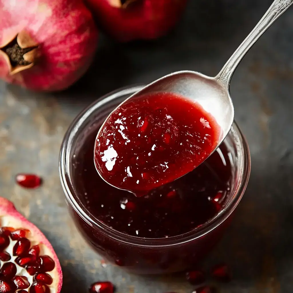 A jar of pomegranate jam with a spoon, sitting among whole pomegranates and loose seeds on a dark background.