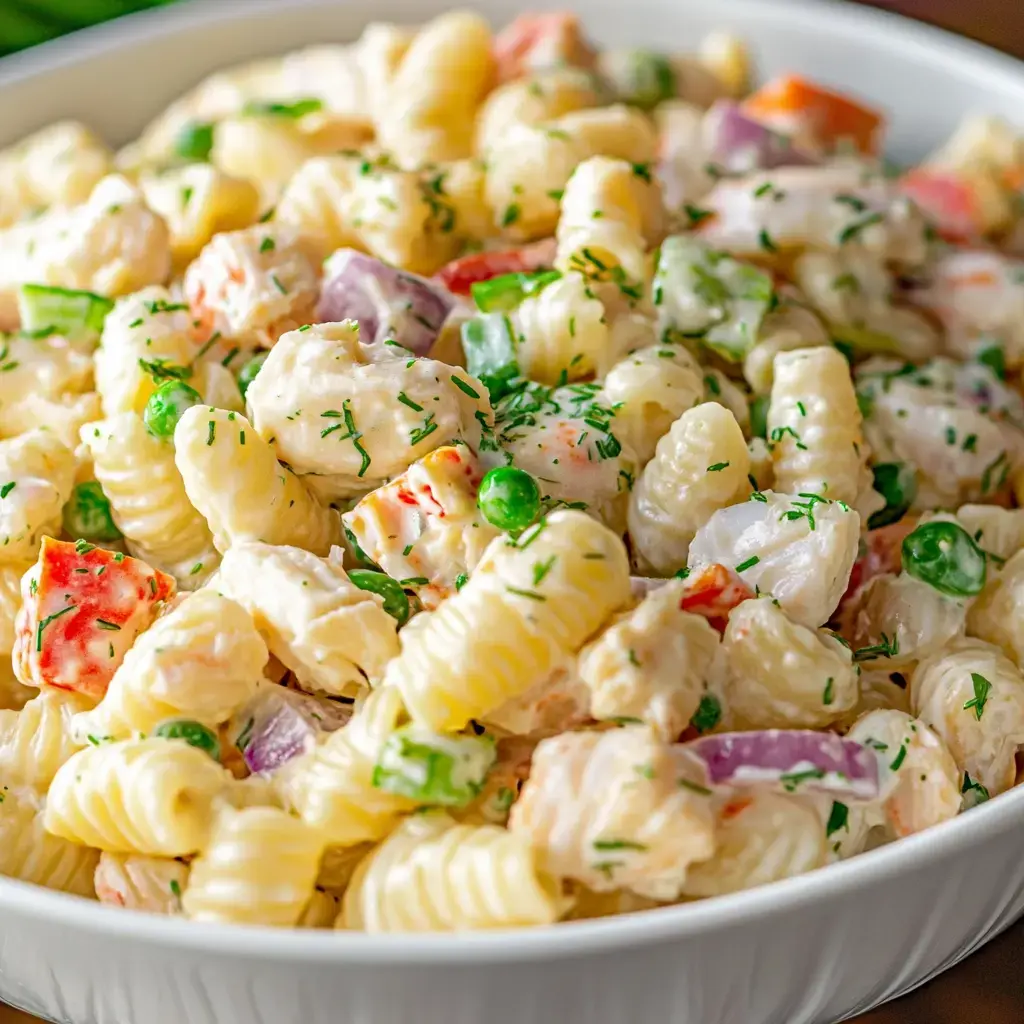 A bowl filled with creamy pasta dish showing spiral noodles mixed with colorful vegetables and fresh herbs in an appetizing display.