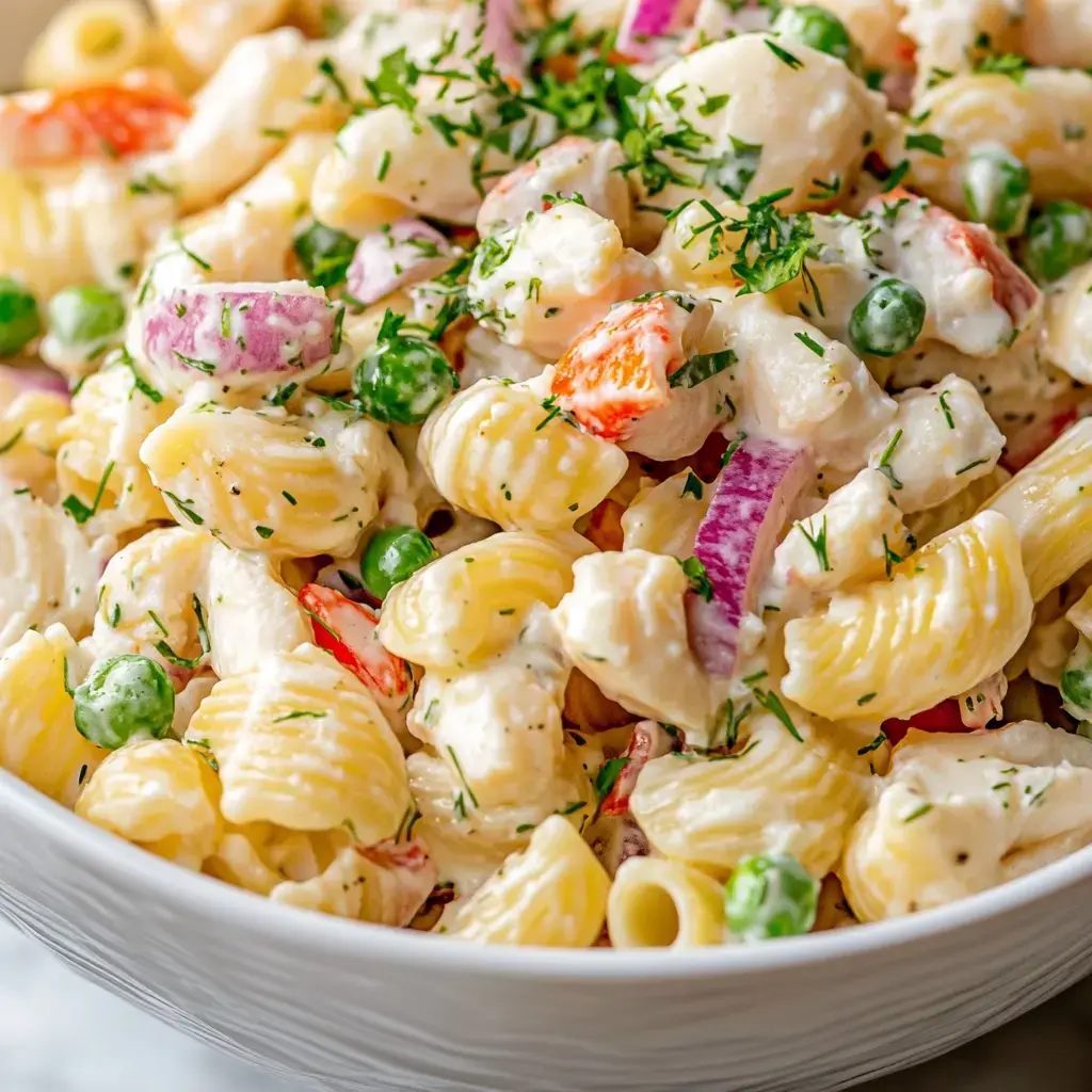 A tempting view of pasta salad with spiral noodles, bright green peas, colorful peppers, red onion slices and a sprinkle of herbs on top.
