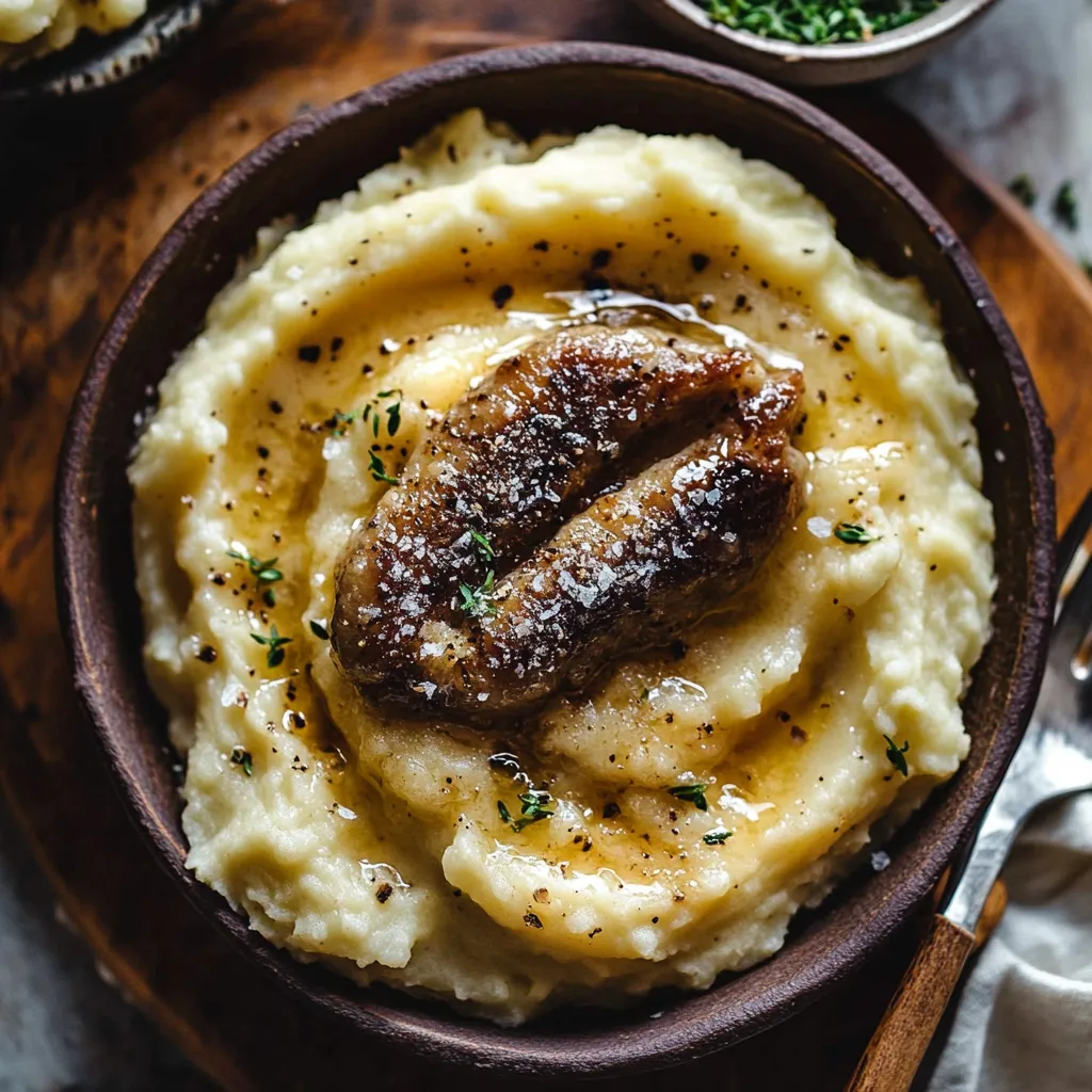 A bowl of mashed potatoes with a sausage on top.