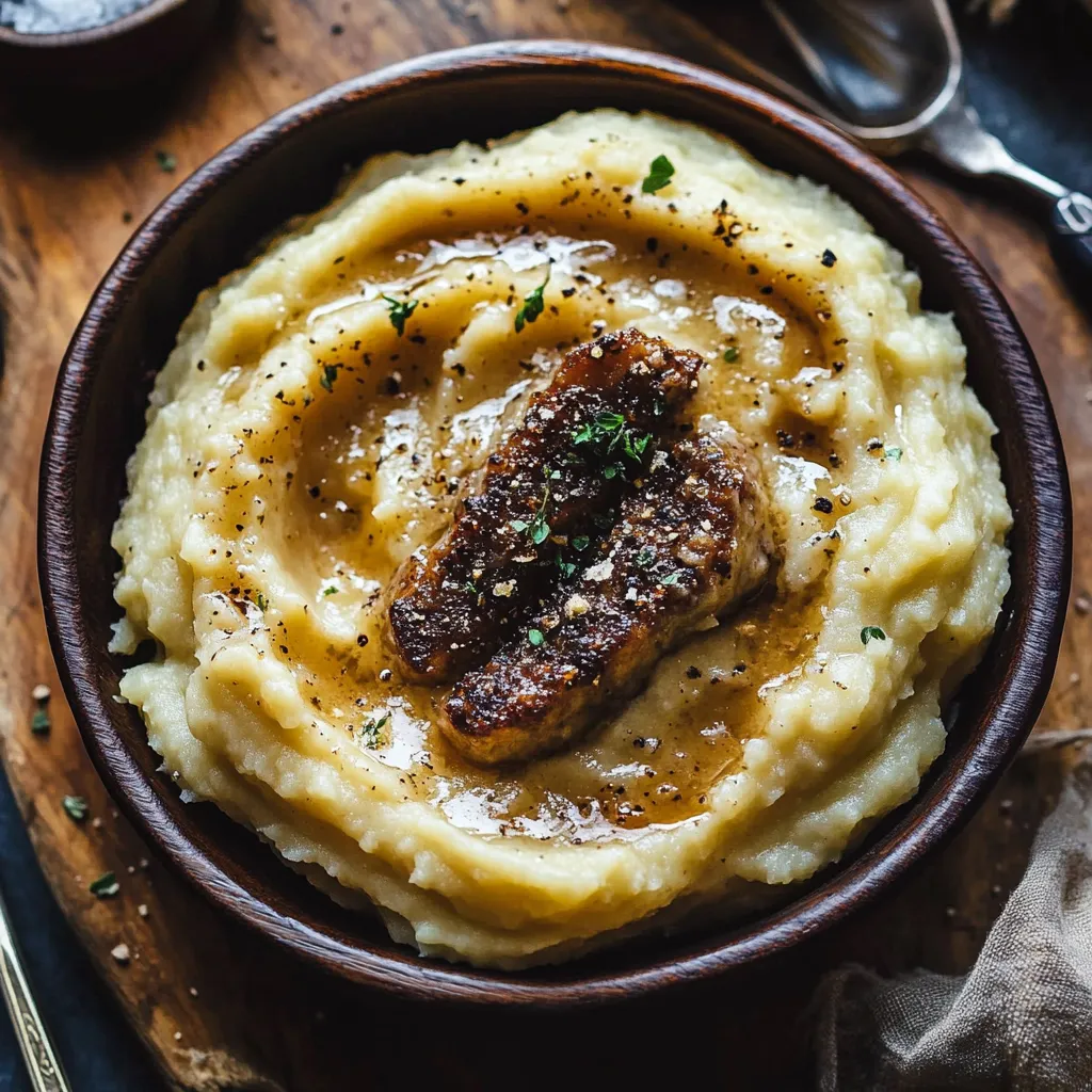 A bowl of mashed potatoes with a piece of meat on top.
