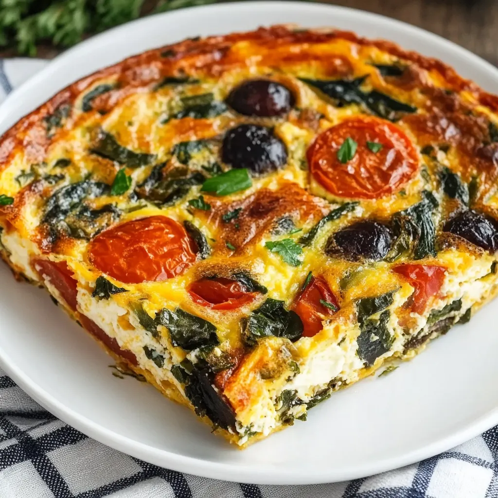 A slice of quiche with tomatoes and spinach.