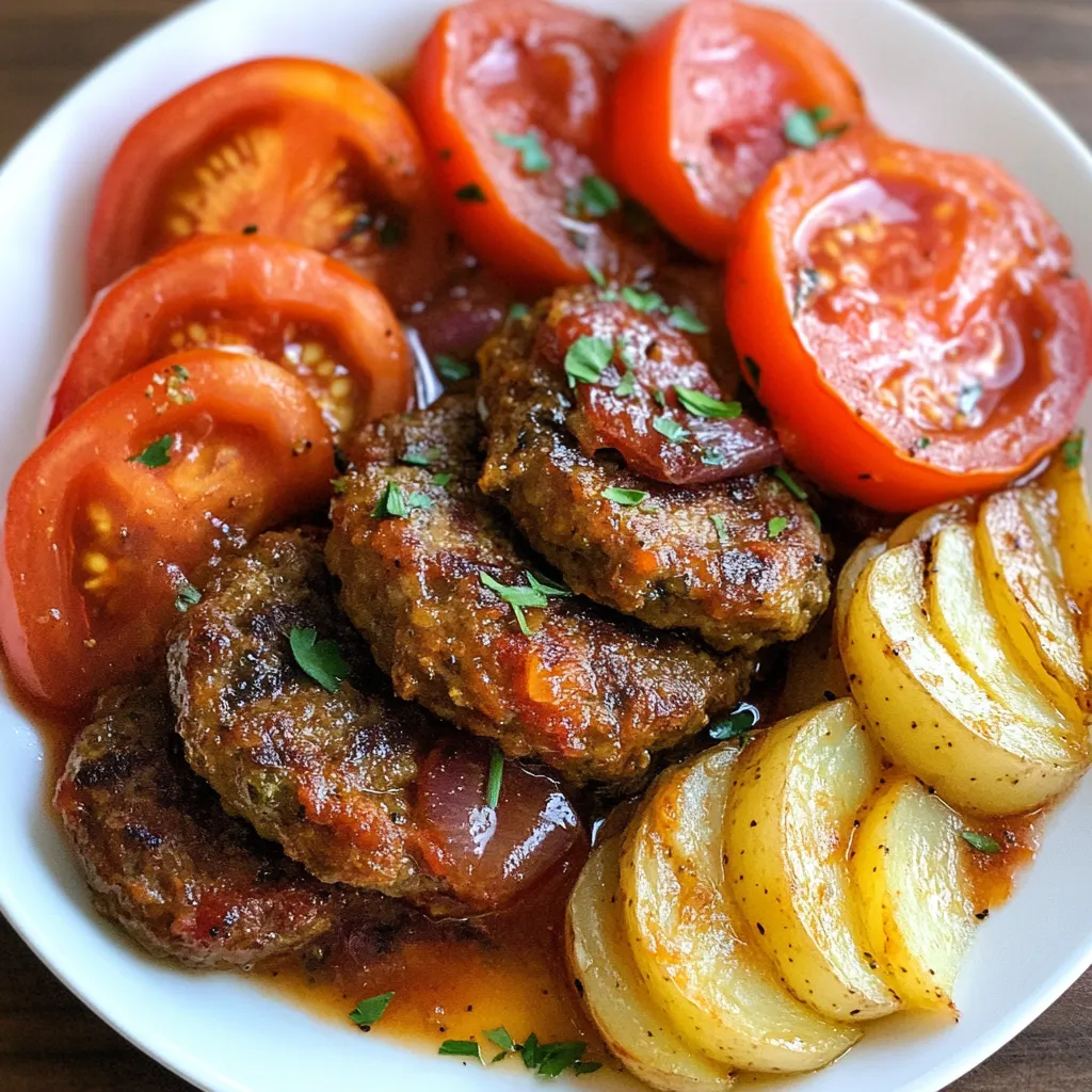 A plate of food with meat, tomatoes, potatoes and herbs.