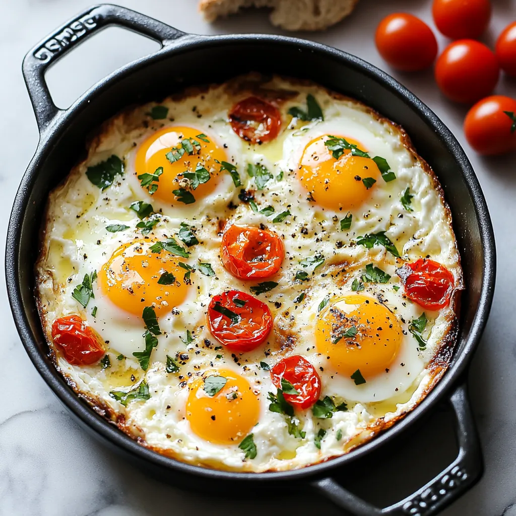 A fried egg with tomatoes and herbs.