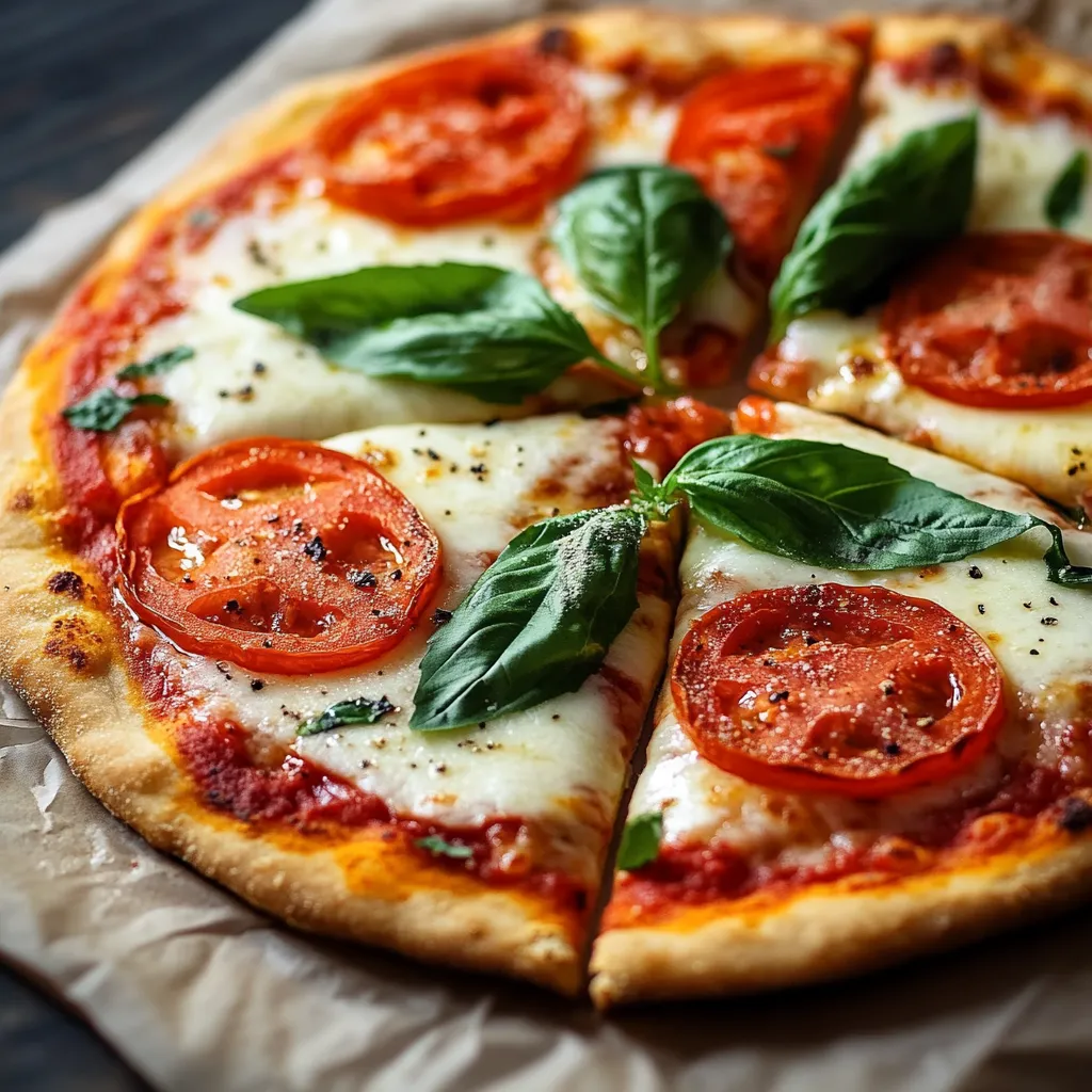 A pizza with tomatoes and basil on top.