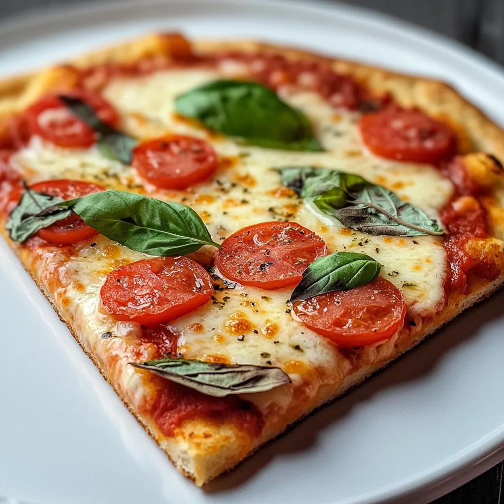 A slice of pizza with tomatoes and basil on a white plate.