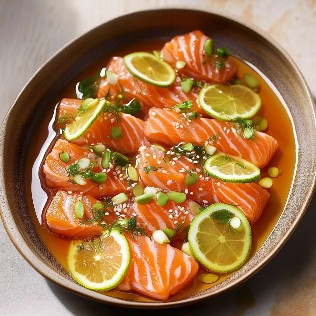 A bowl of sliced salmon with lemon slices.