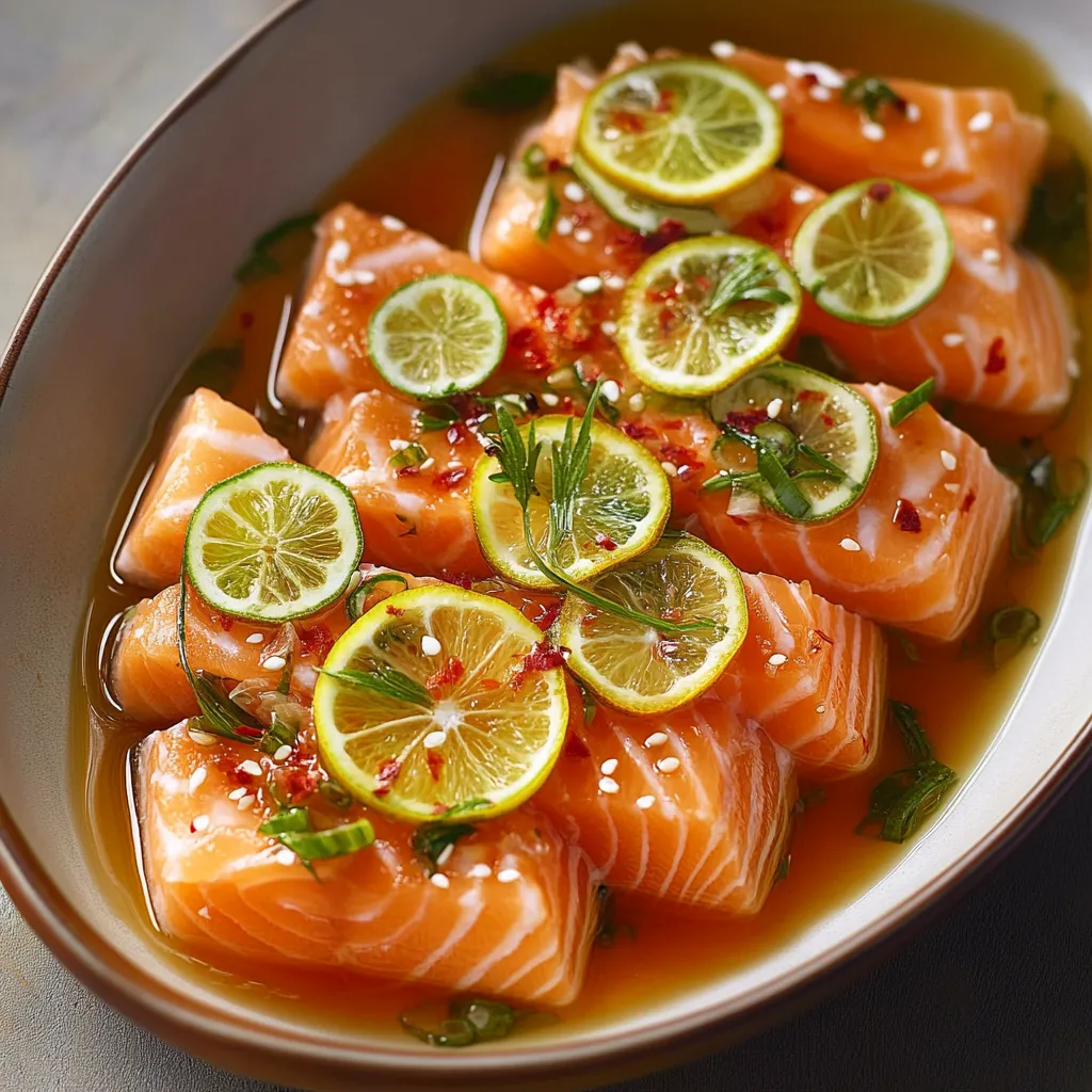 A bowl of food with sliced lemon and salmon.