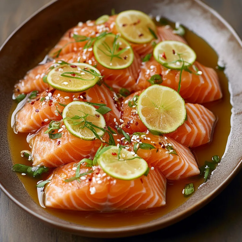 A plate of sliced salmon with lemon and garnish.