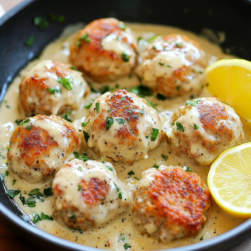 A bowl of meatballs with sauce and lemon wedges.